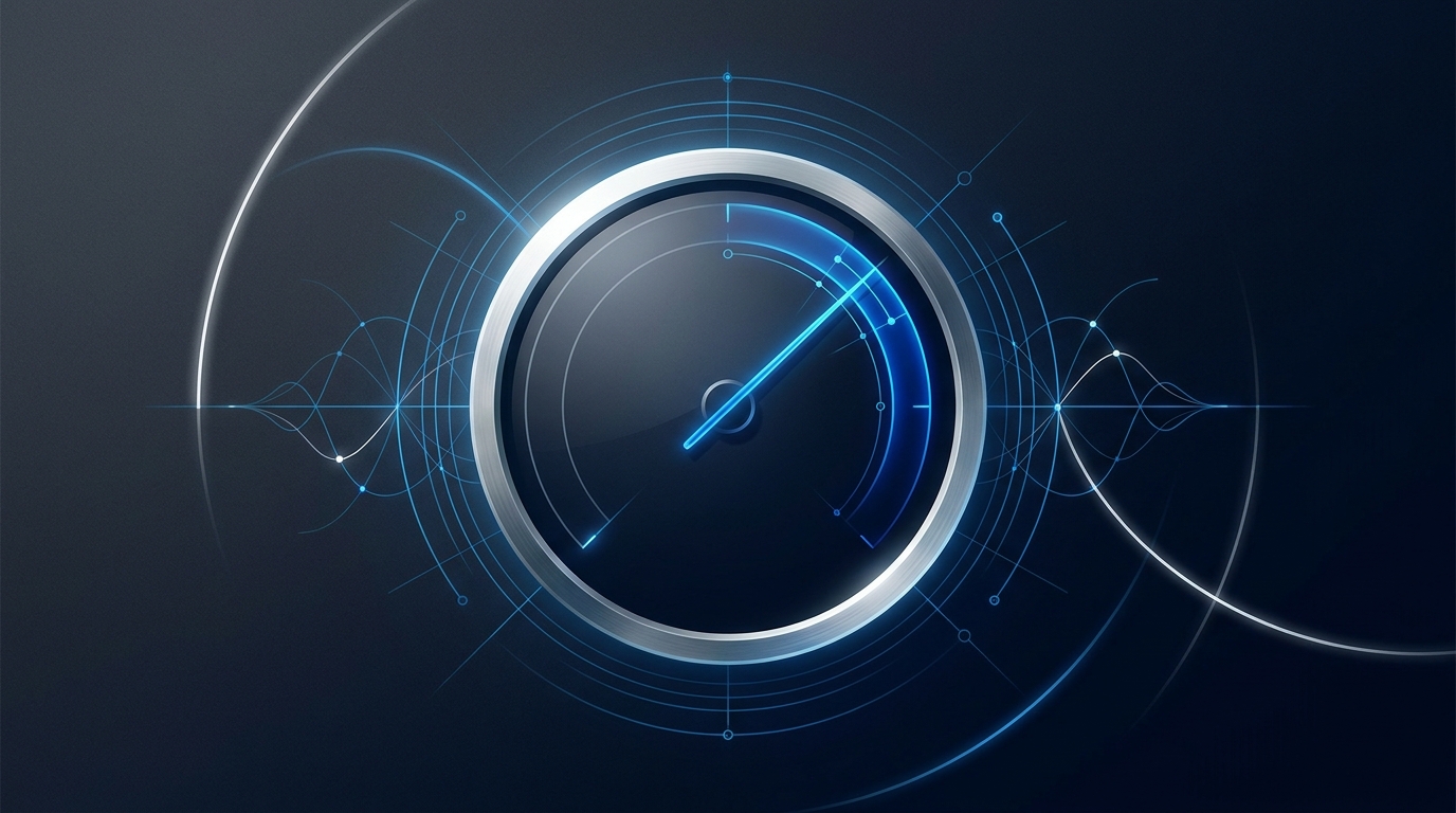 A precision instrument dial mid-sweep over a clean gradient background, symbolizing quality score optimization and cost-per-click reduction in Google Ads.